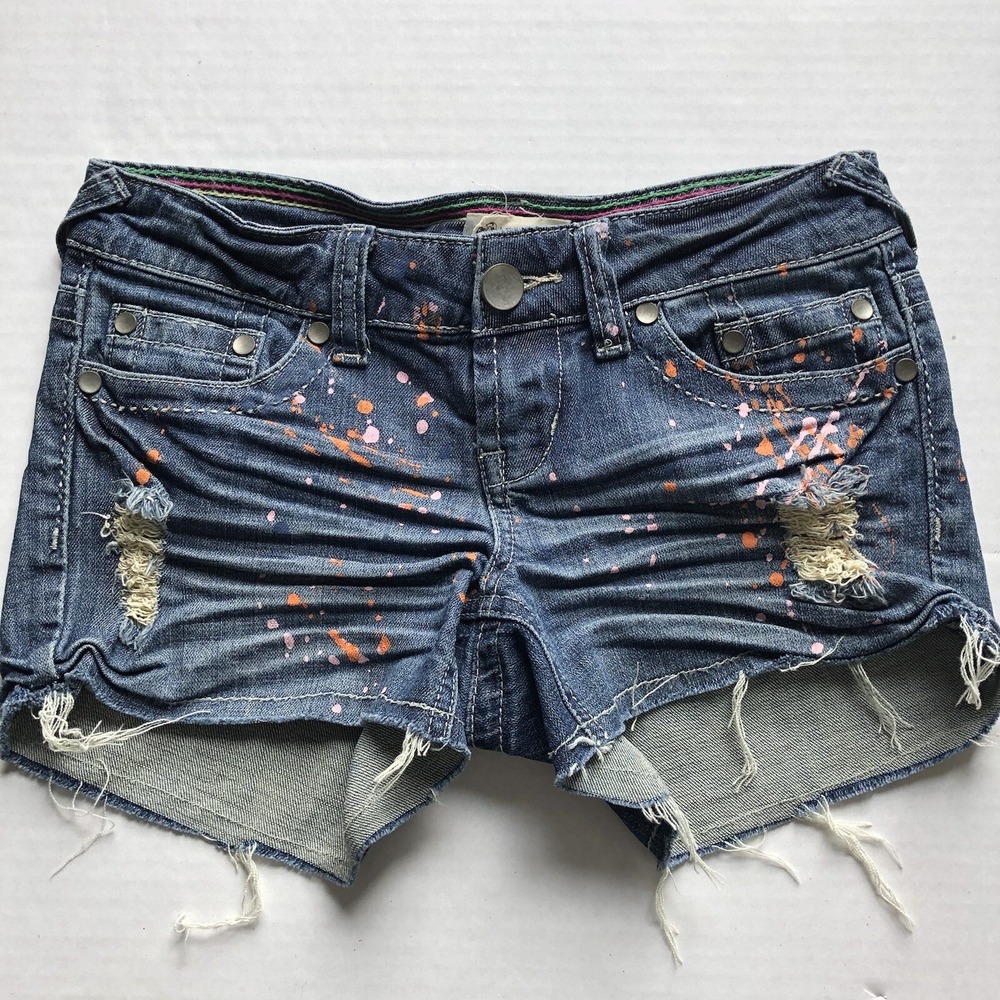 Delia's Blue Jean Paint Splatter Shorts Pink Orange Sz 3/4 Y2k Mcbling A2309